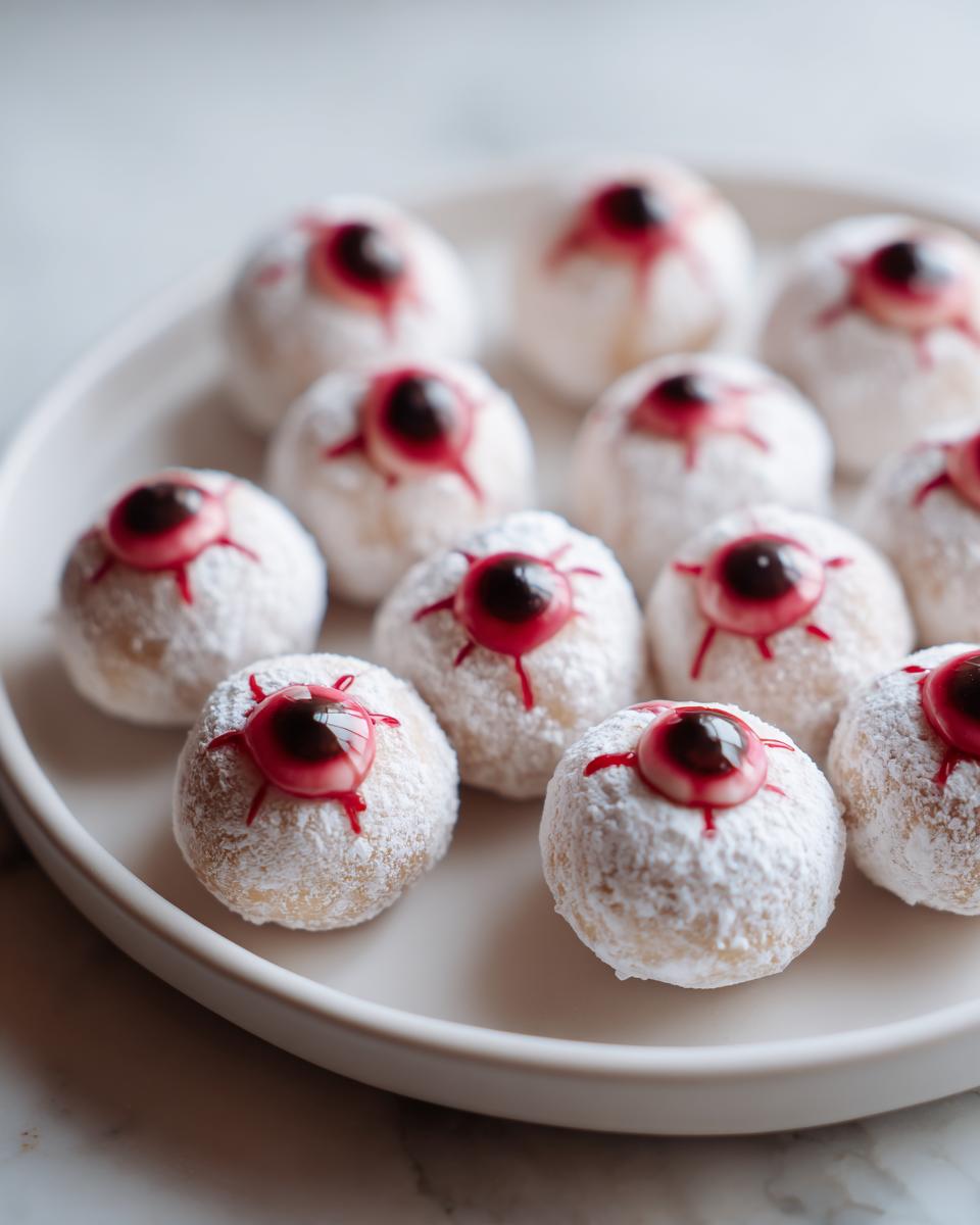 A plate of easy Halloween snacks shaped like eyeballs, dusted with powdered sugar and decorated with red icing.