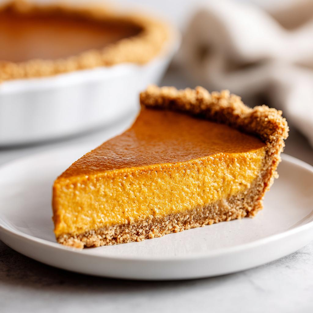 A slice of creamy pumpkin pie with a graham cracker crust, perfect for easy make-ahead Thanksgiving desserts.