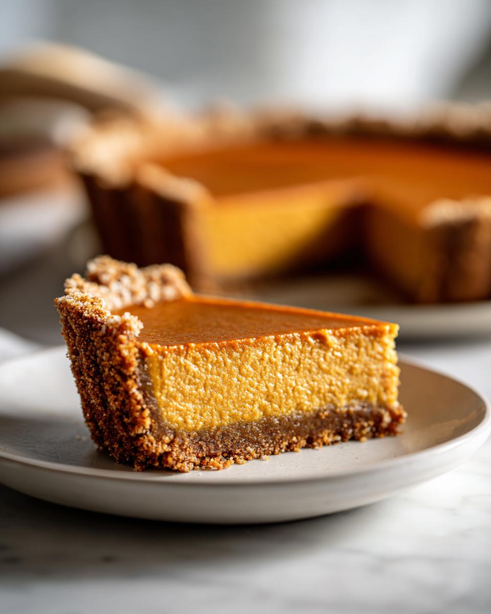 A slice of creamy pumpkin pie with a graham cracker crust, perfect for easy make-ahead Thanksgiving desserts.