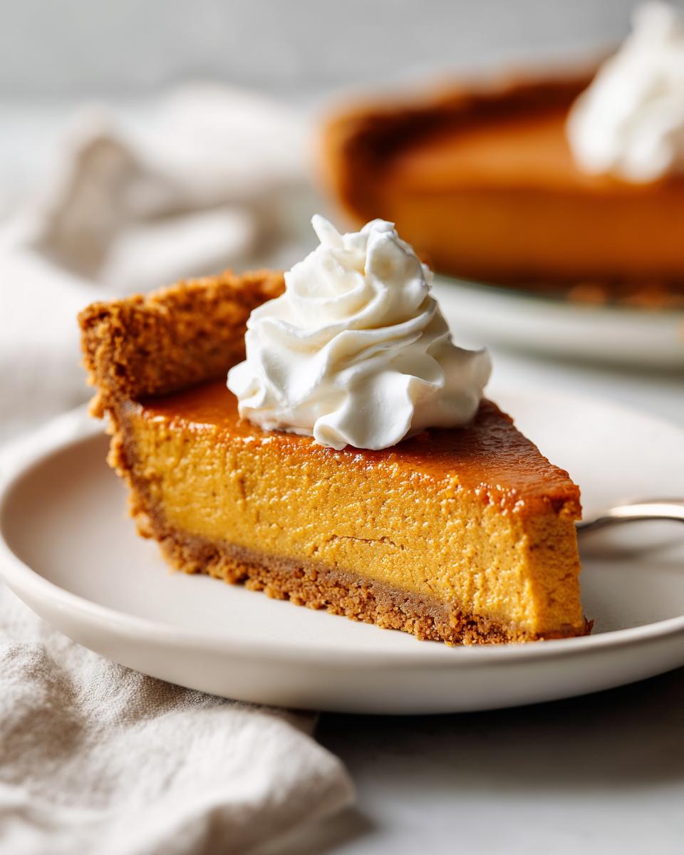 A slice of pumpkin pie with whipped cream, perfect for easy make-ahead Thanksgiving desserts.