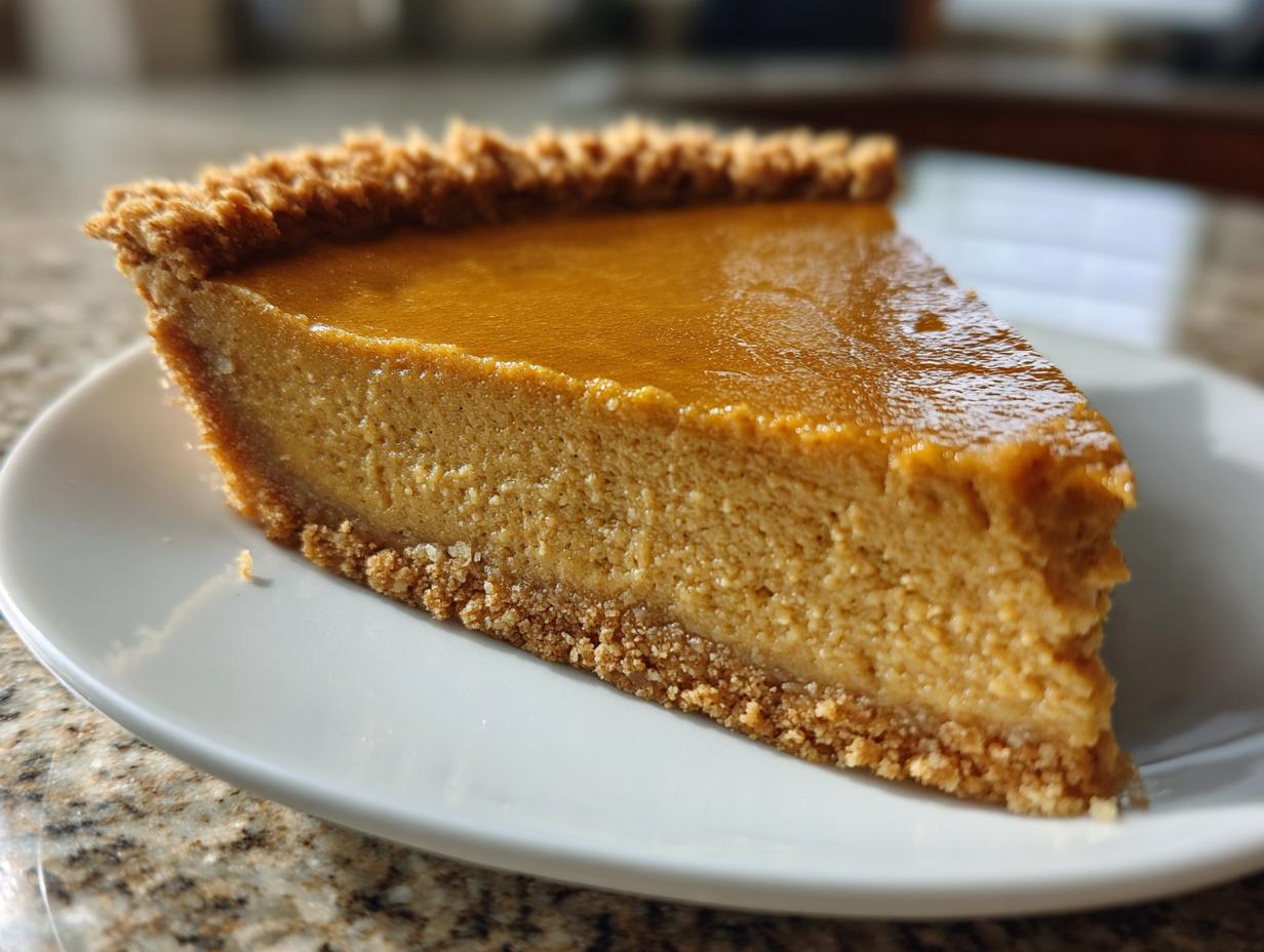 A slice of creamy pumpkin pie on a white plate, featuring a golden crust and smooth filling. Perfect for easy make-ahead Thanksgiving desserts.