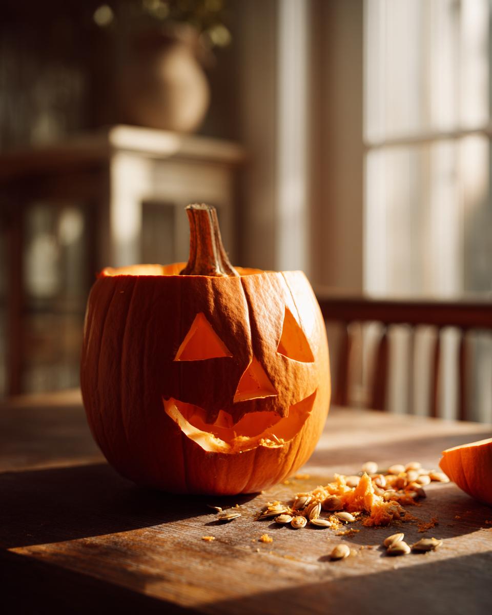 A friendly jack-o'-lantern carved from a pumpkin, sitting on a wooden table with scattered seeds and pulp. Easy pumpkin carving.