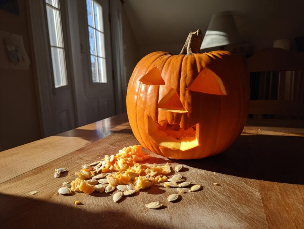 A classic jack-o'-lantern with a carved face sits on a wooden table, surrounded by pumpkin seeds and pulp, showcasing easy pumpkin carving.