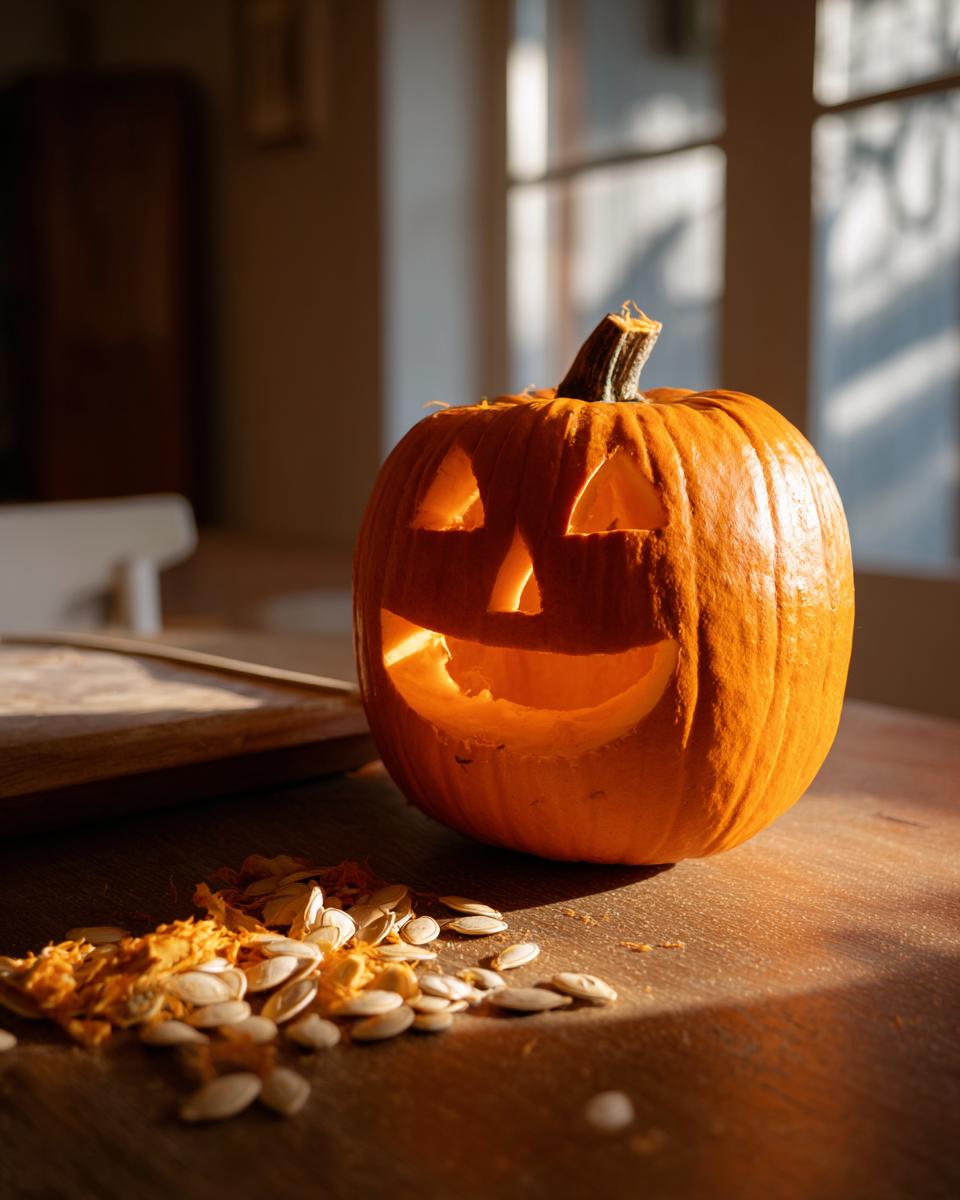 A glowing, carved pumpkin with a classic jack-o'-lantern face, sitting on a wooden table with pumpkin seeds scattered nearby. Easy pumpkin carving.