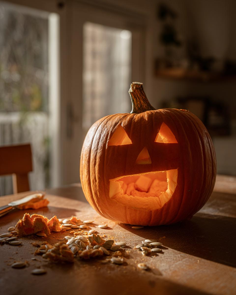 A lit jack-o'-lantern created with easy pumpkin carving techniques, sitting on a wooden table with seeds and pulp.