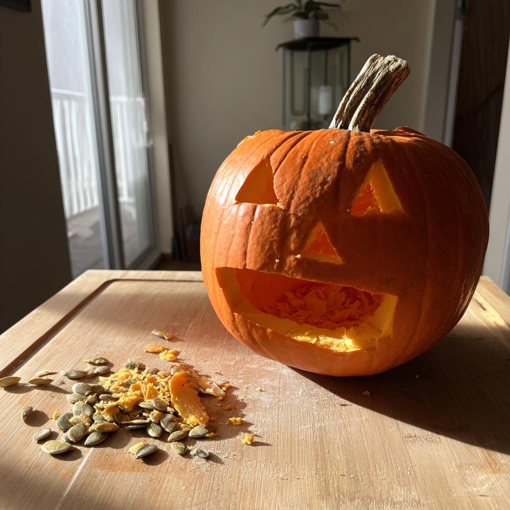 A freshly carved pumpkin with a classic jack-o'-lantern face, sitting on a wooden cutting board next to a pile of seeds and pulp. Easy pumpkin carving.