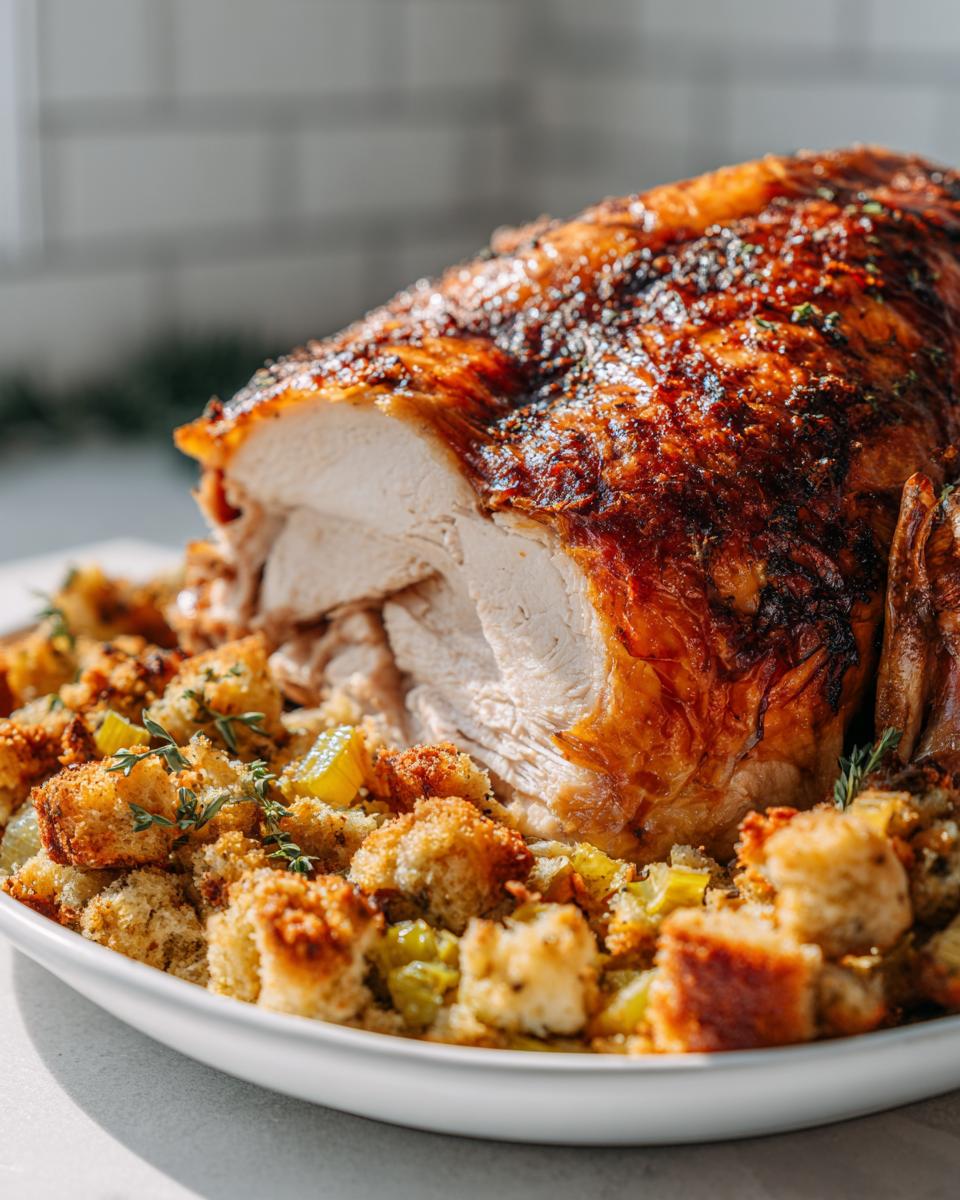 A golden-brown roasted turkey breast served with savory stuffing, perfect for easy Thanksgiving recipes.