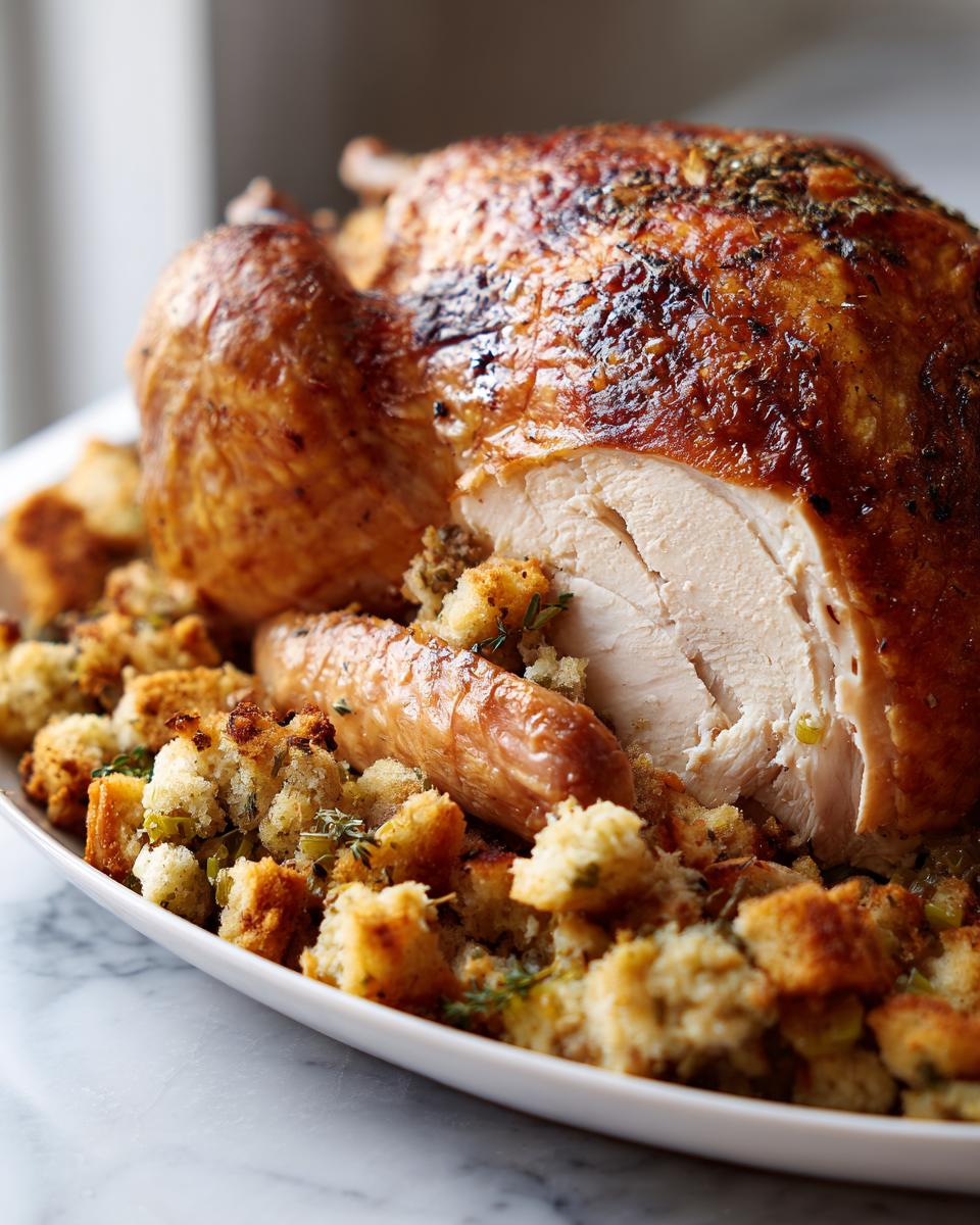 Close-up of a golden-brown roasted turkey with stuffing and a sausage, a perfect addition to easy Thanksgiving recipes.