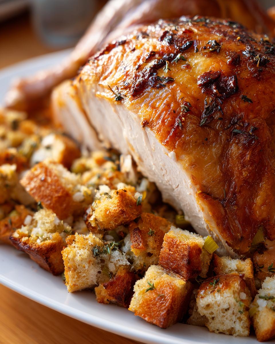 Close-up of a perfectly roasted turkey breast served with golden-brown cubes of savory stuffing, a classic easy Thanksgiving recipe.