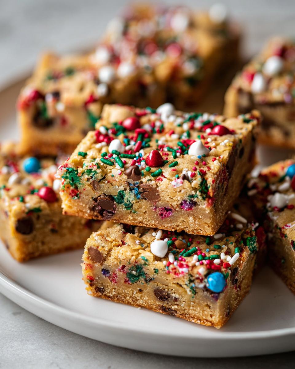 Close-up of festive holiday treats, cut into squares and topped with colorful sprinkles and chocolate chips.