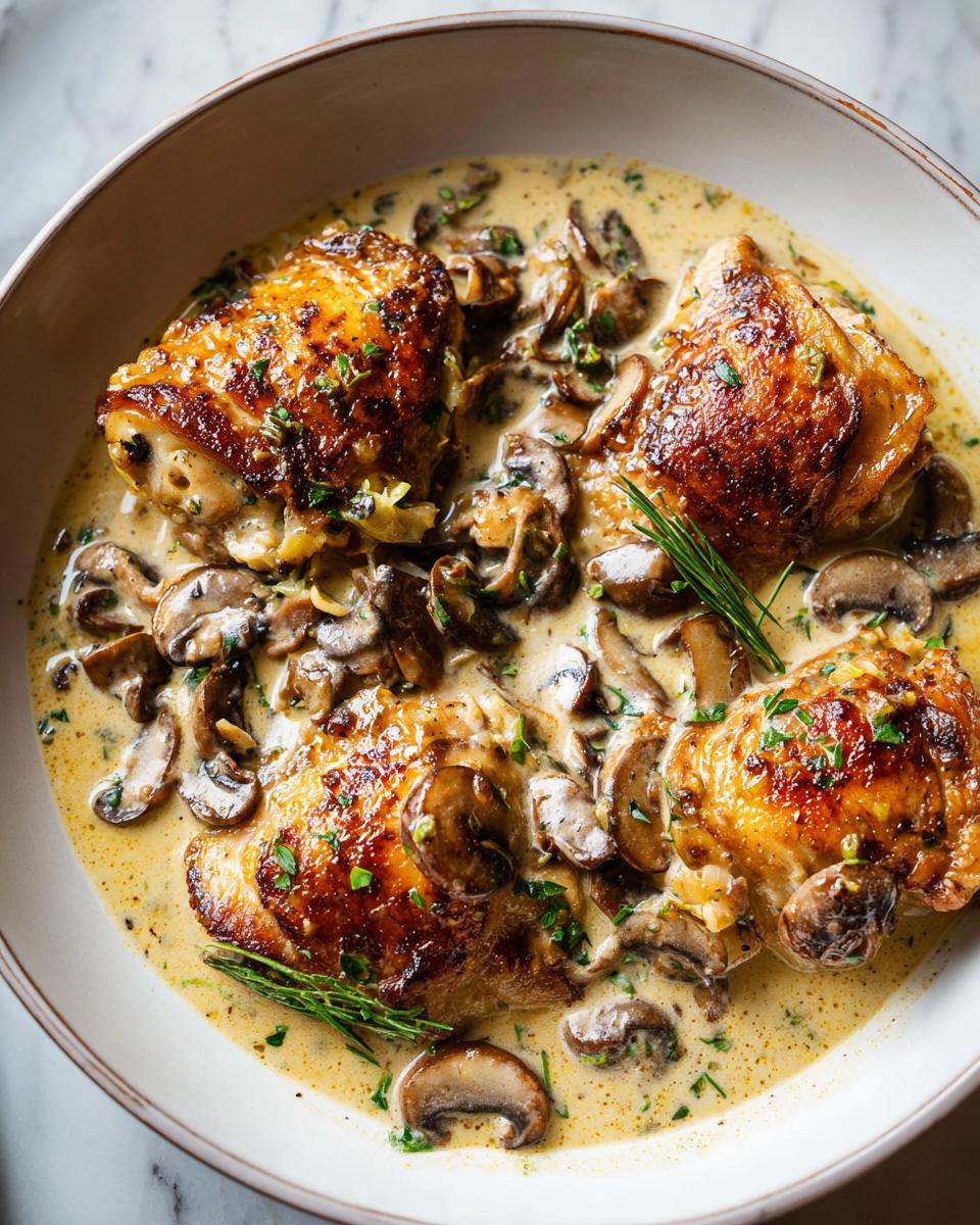 Golden-brown foolproof chicken thighs served in a rich, creamy mushroom garlic sauce with fresh herbs.