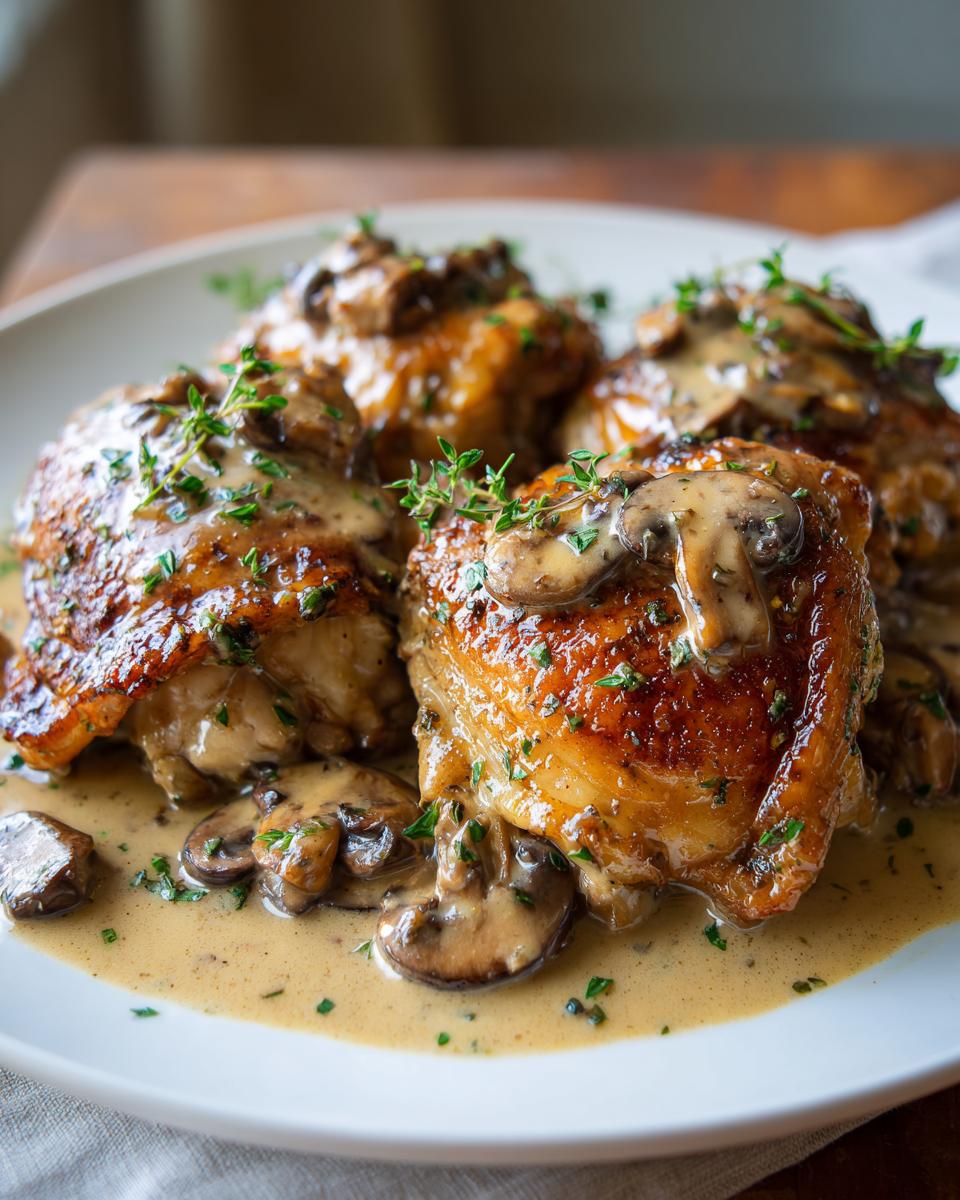 Plump, golden-brown chicken thighs smothered in a rich, creamy mushroom garlic sauce, garnished with fresh thyme.