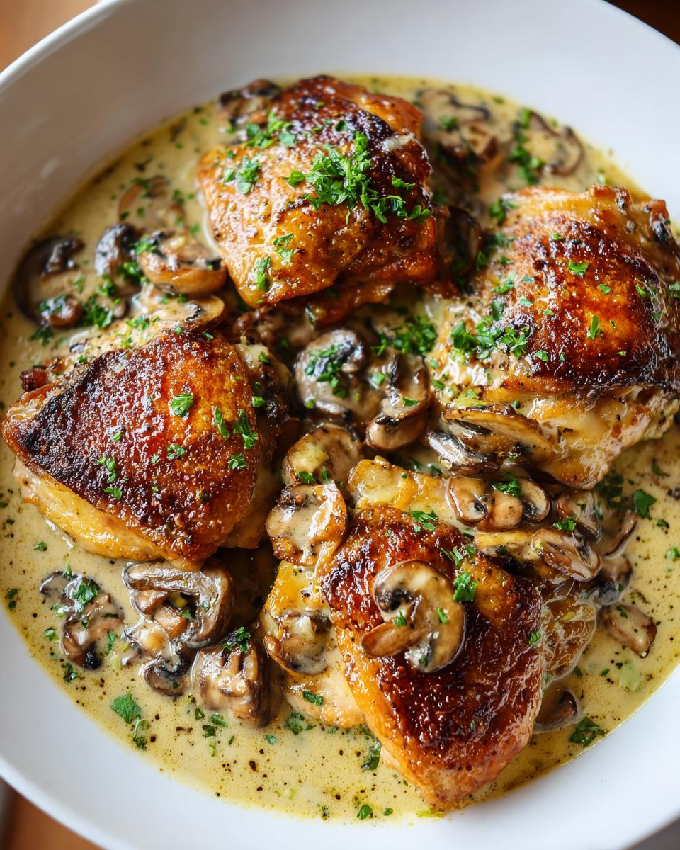Close-up of foolproof chicken thighs in a creamy mushroom garlic sauce, garnished with parsley.