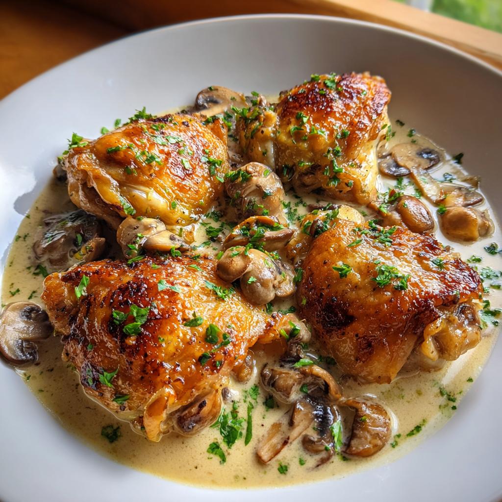 Golden brown, pan-seared chicken thighs served in a rich, creamy mushroom garlic sauce, garnished with fresh parsley.