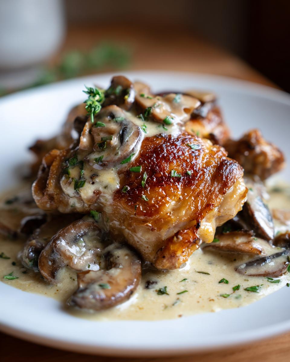Close-up of foolproof chicken thighs smothered in a creamy mushroom garlic sauce, garnished with fresh herbs.