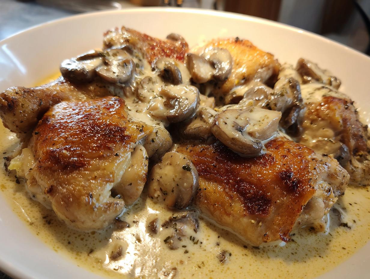 Golden-brown foolproof chicken thighs smothered in a creamy mushroom garlic sauce with sliced mushrooms.