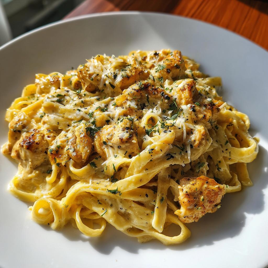 A plate of Foolproof Creamy Garlic Parmesan Chicken Pasta with fettuccine, seasoned chicken pieces, and grated parmesan.