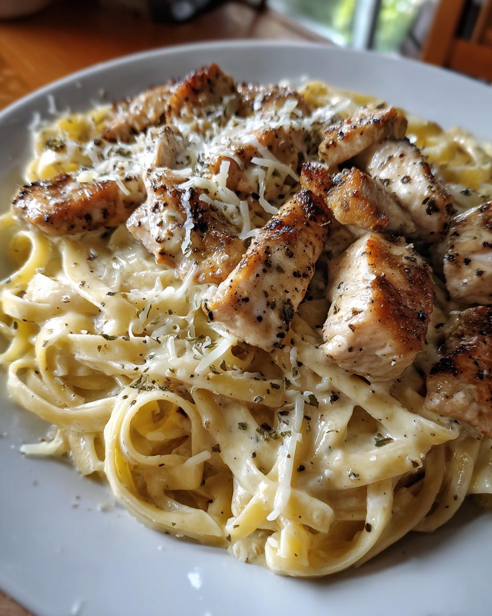 A close-up of Foolproof Creamy Garlic Parmesan Chicken Pasta, featuring fettuccine noodles coated in a rich sauce and topped with seasoned chicken pieces and grated parmesan.