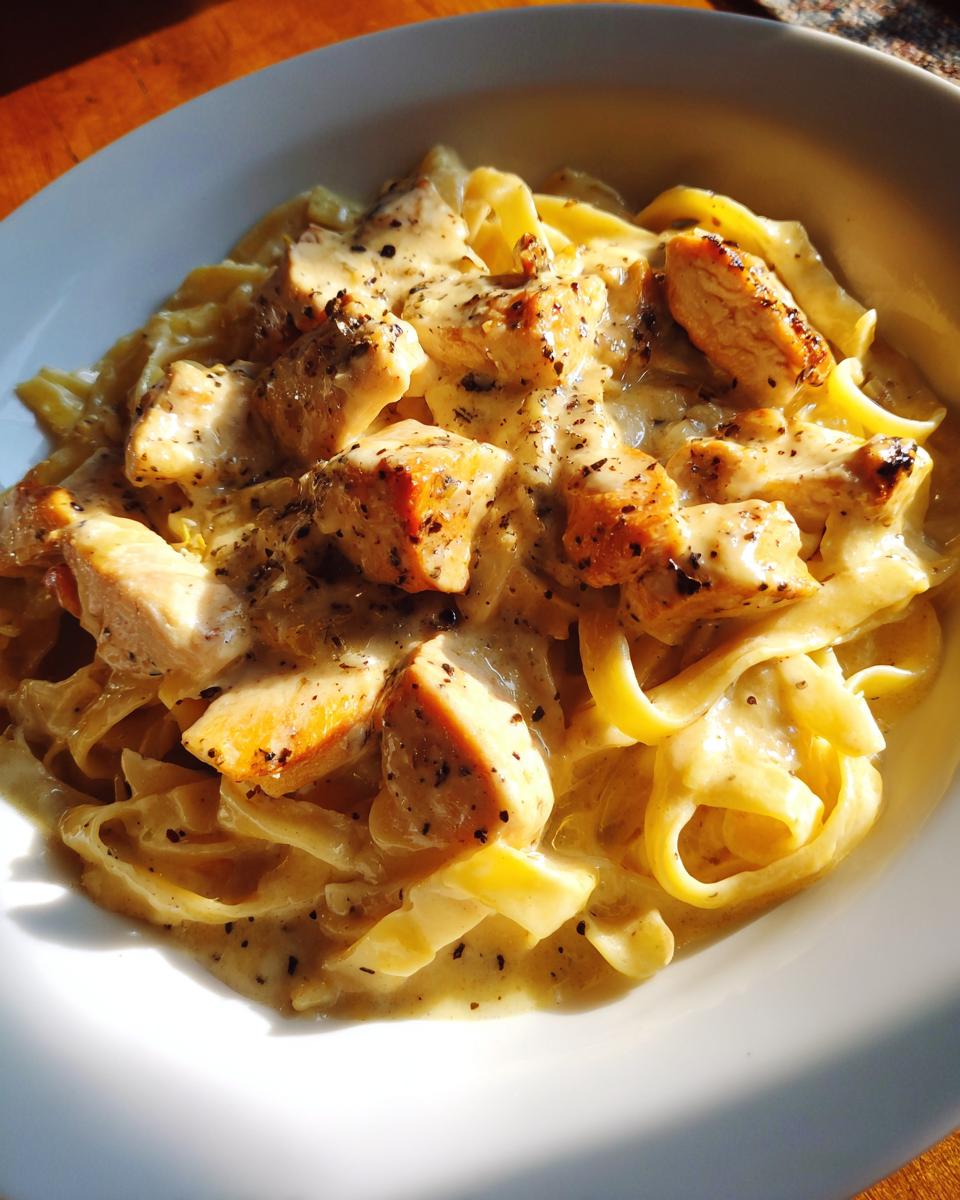 A close-up of Foolproof Creamy Garlic Parmesan Chicken Pasta with tender chicken pieces and fettuccine in a rich sauce.