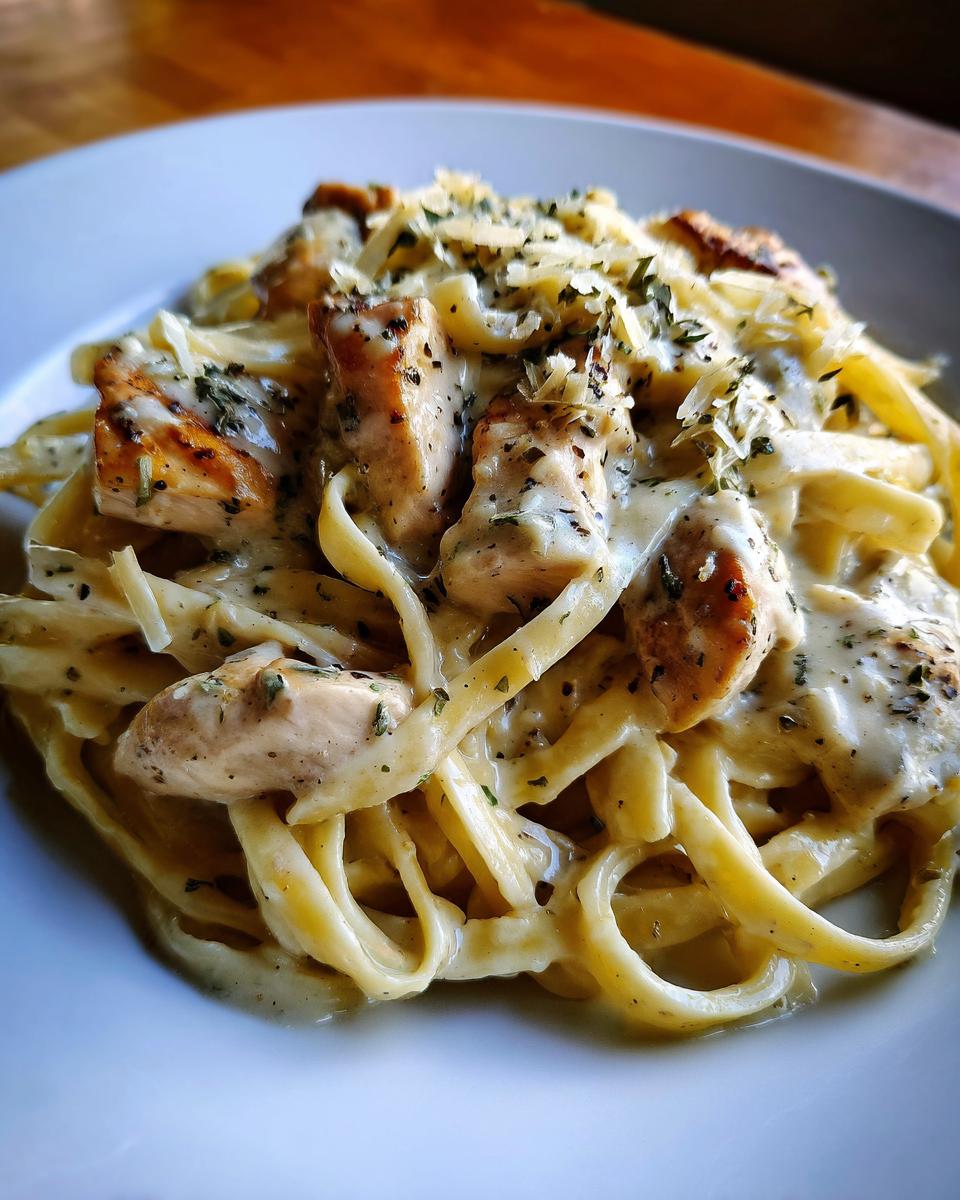 Close-up of Foolproof Creamy Garlic Parmesan Chicken Pasta with fettuccine, tender chicken pieces, and a rich sauce, garnished with herbs and cheese.