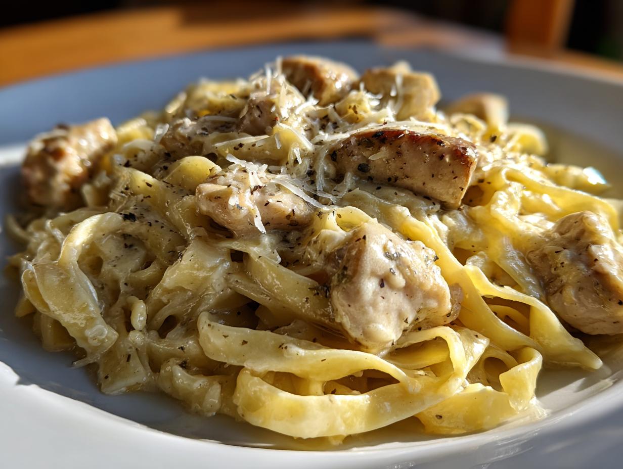 Close-up of Foolproof Creamy Garlic Parmesan Chicken Pasta, featuring fettuccine noodles coated in a rich sauce with tender chicken pieces and grated Parmesan.