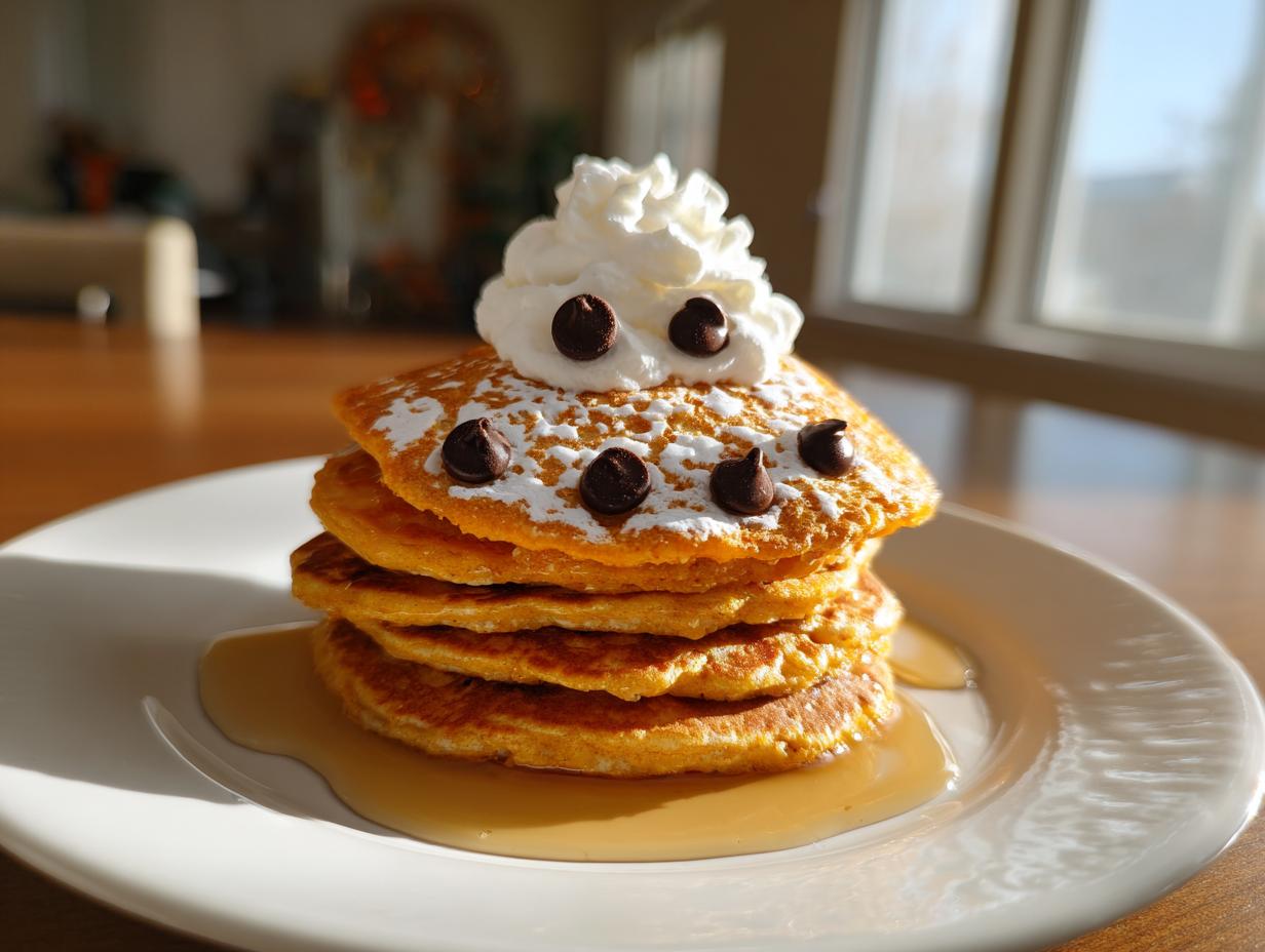 Stack of pumpkin pancakes decorated like a ghost with whipped cream and chocolate chips, part of foolproof Halloween breakfast ideas for kids.
