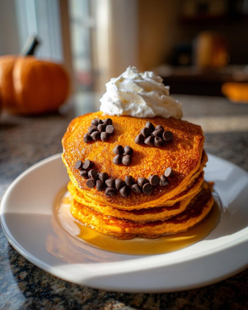 A stack of pumpkin pancakes decorated as a jack-o'-lantern with chocolate chip eyes and mouth, topped with whipped cream. A fun Halloween breakfast idea for kids.