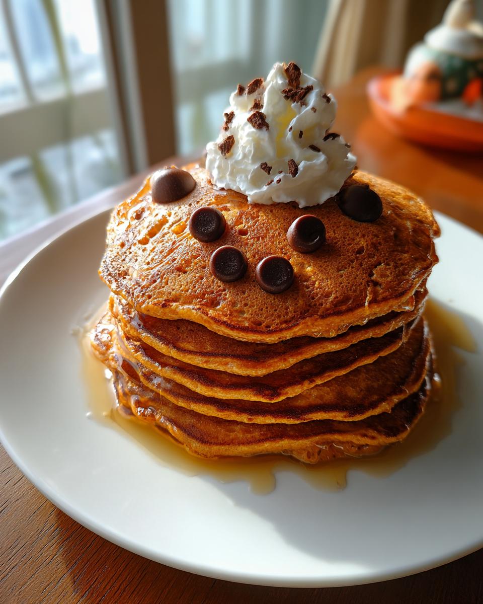 Stack of pumpkin pancakes decorated with chocolate chips and whipped cream, perfect for Halloween breakfast.