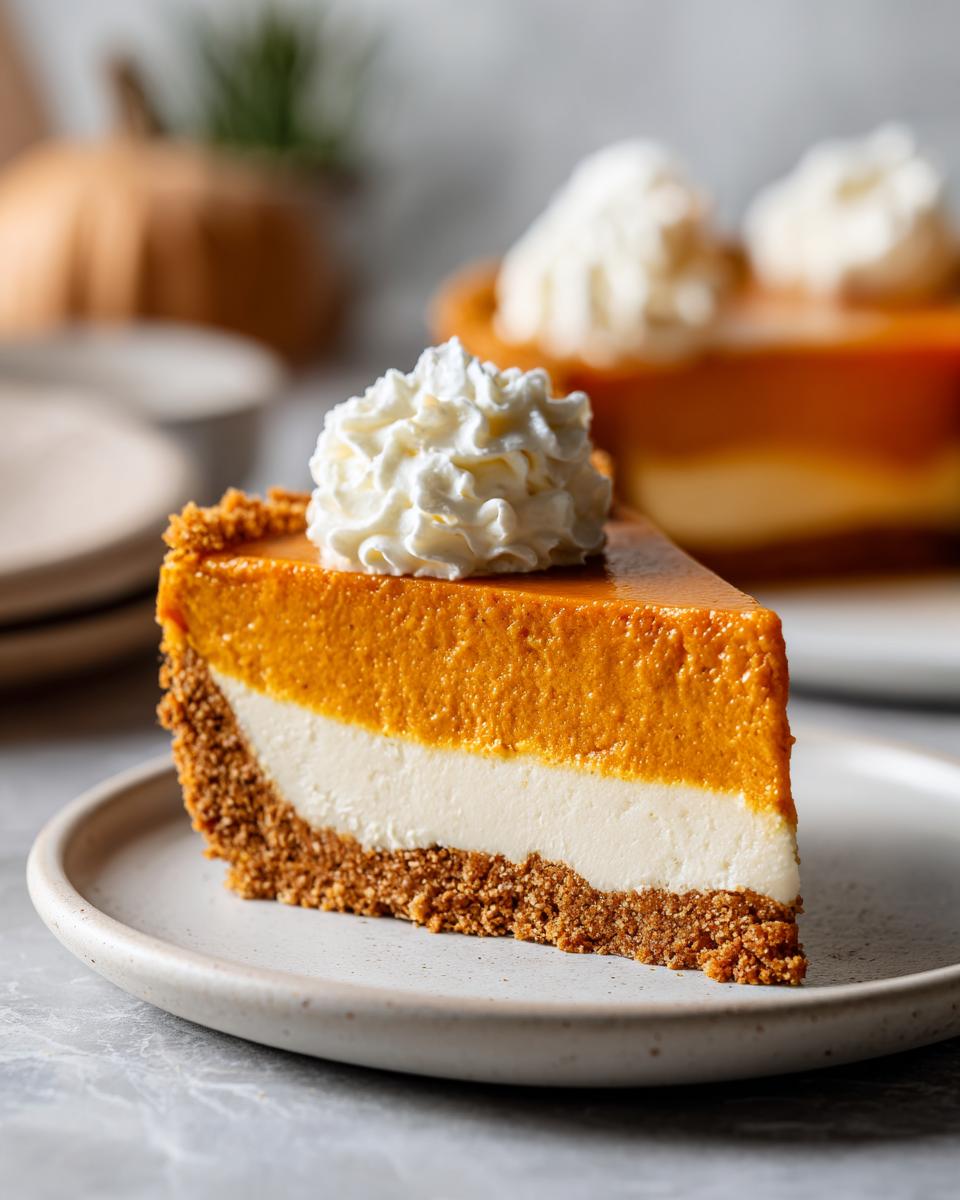 A slice of creamy pumpkin cheesecake with a graham cracker crust, topped with whipped cream, perfect for make-ahead Thanksgiving desserts.
