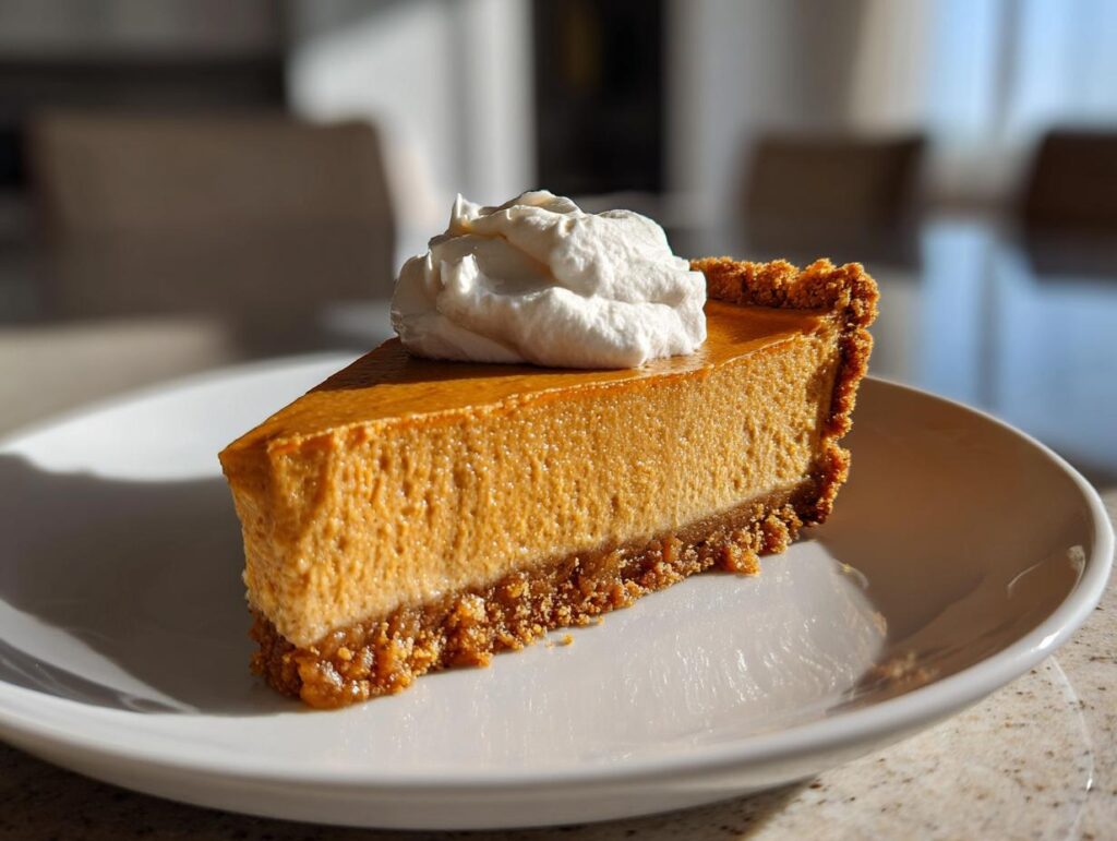 A slice of foolproof make-ahead pumpkin pie topped with whipped cream on a white plate.