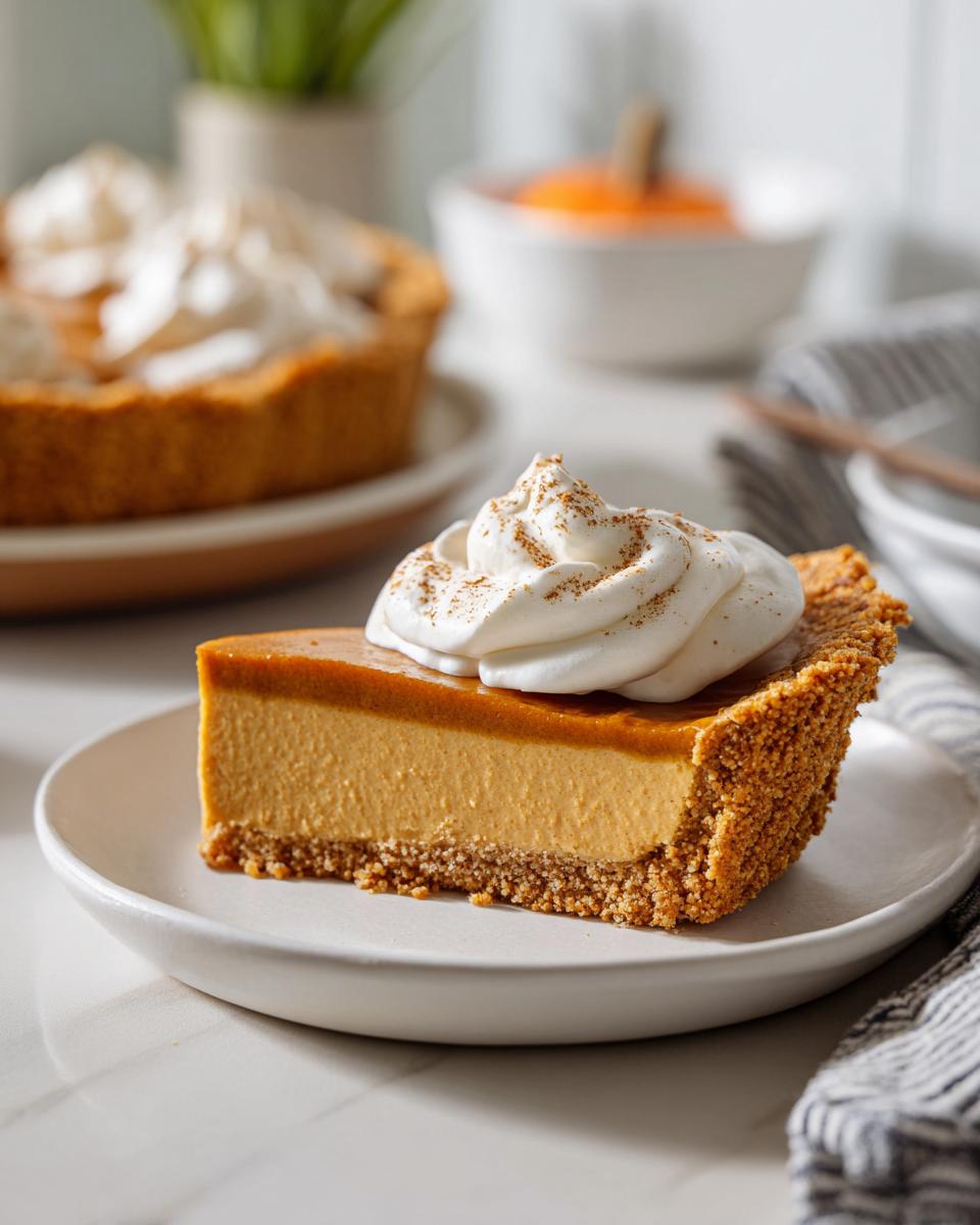 A slice of creamy pumpkin pie topped with whipped cream and cinnamon, part of foolproof make-ahead Thanksgiving desserts.