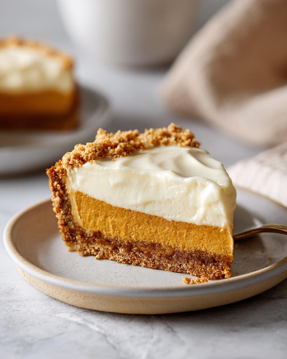 A slice of creamy pumpkin pie with a graham cracker crust and whipped cream topping, a perfect make-ahead Thanksgiving dessert.