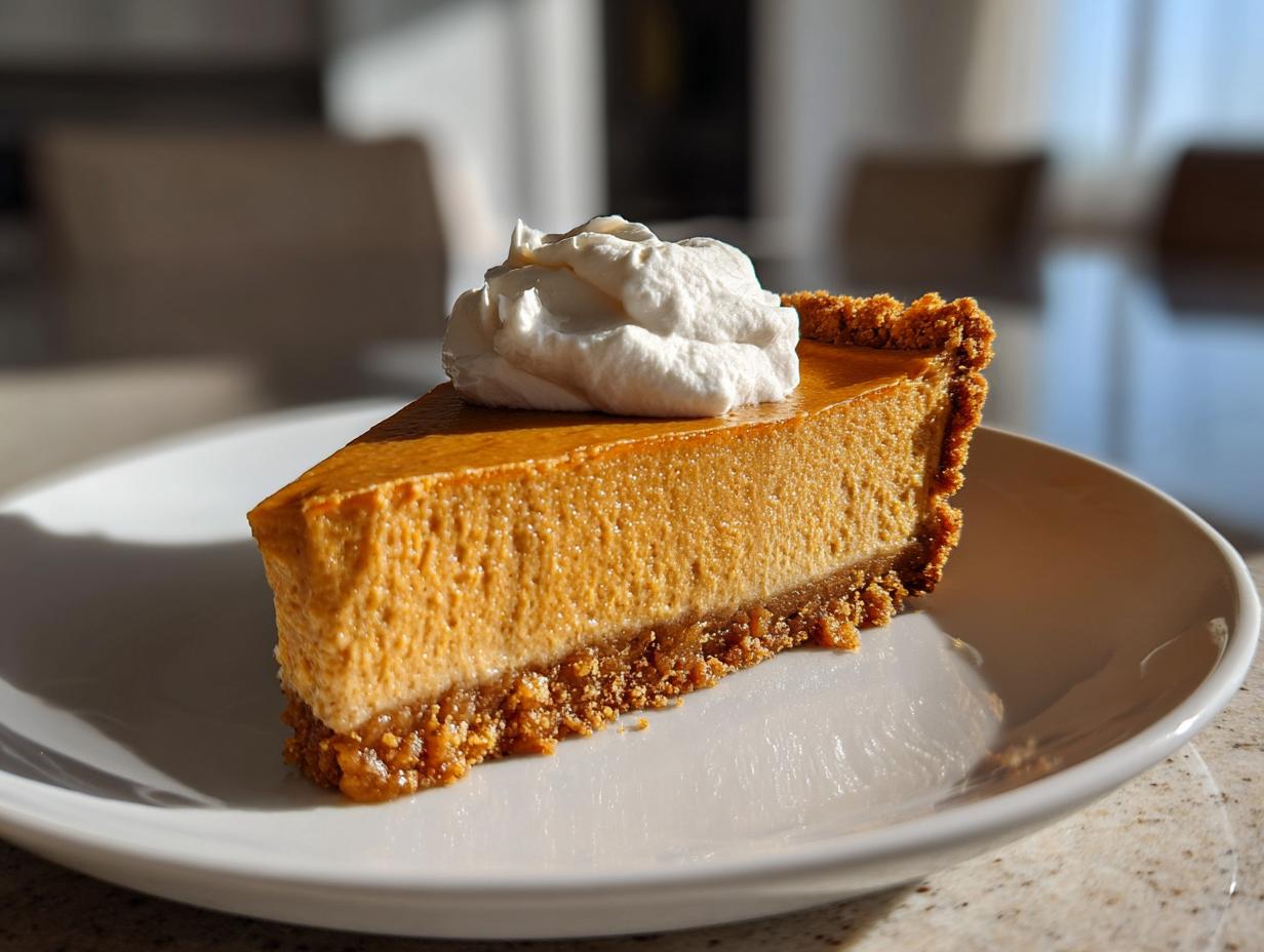 A slice of foolproof make-ahead pumpkin pie topped with whipped cream on a white plate.