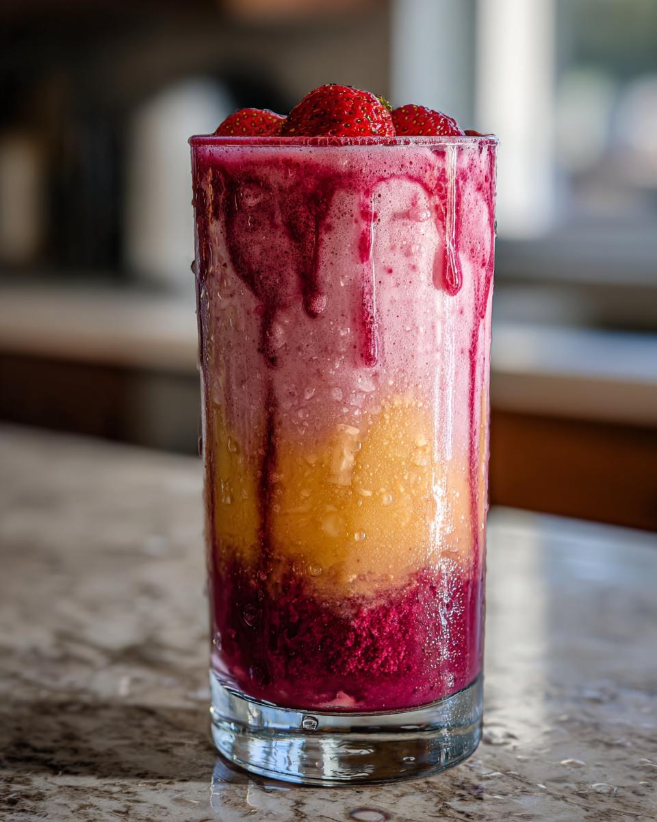 A tall glass filled with a layered strawberry acai and peach juice drink, topped with fresh strawberries.
