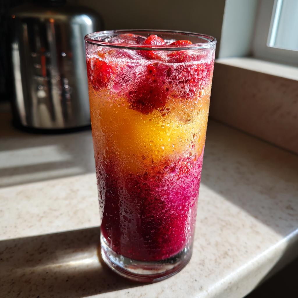 A tall, frosty glass filled with a layered strawberry acai drink, peach juice, and strawberry puree, topped with ice and fruit.