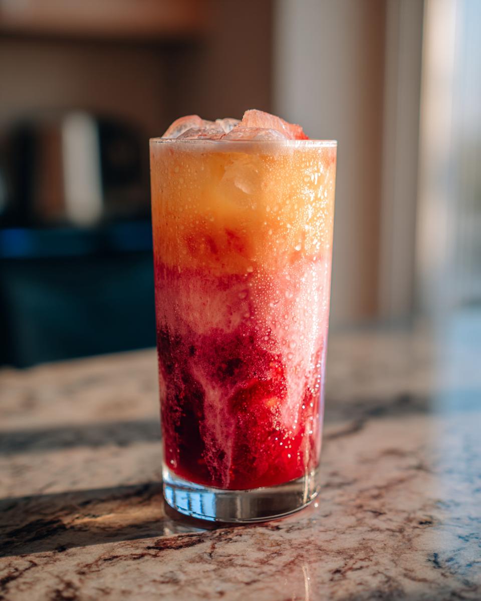 A layered drink with strawberry puree, peach juice, and strawberry acai, topped with ice.