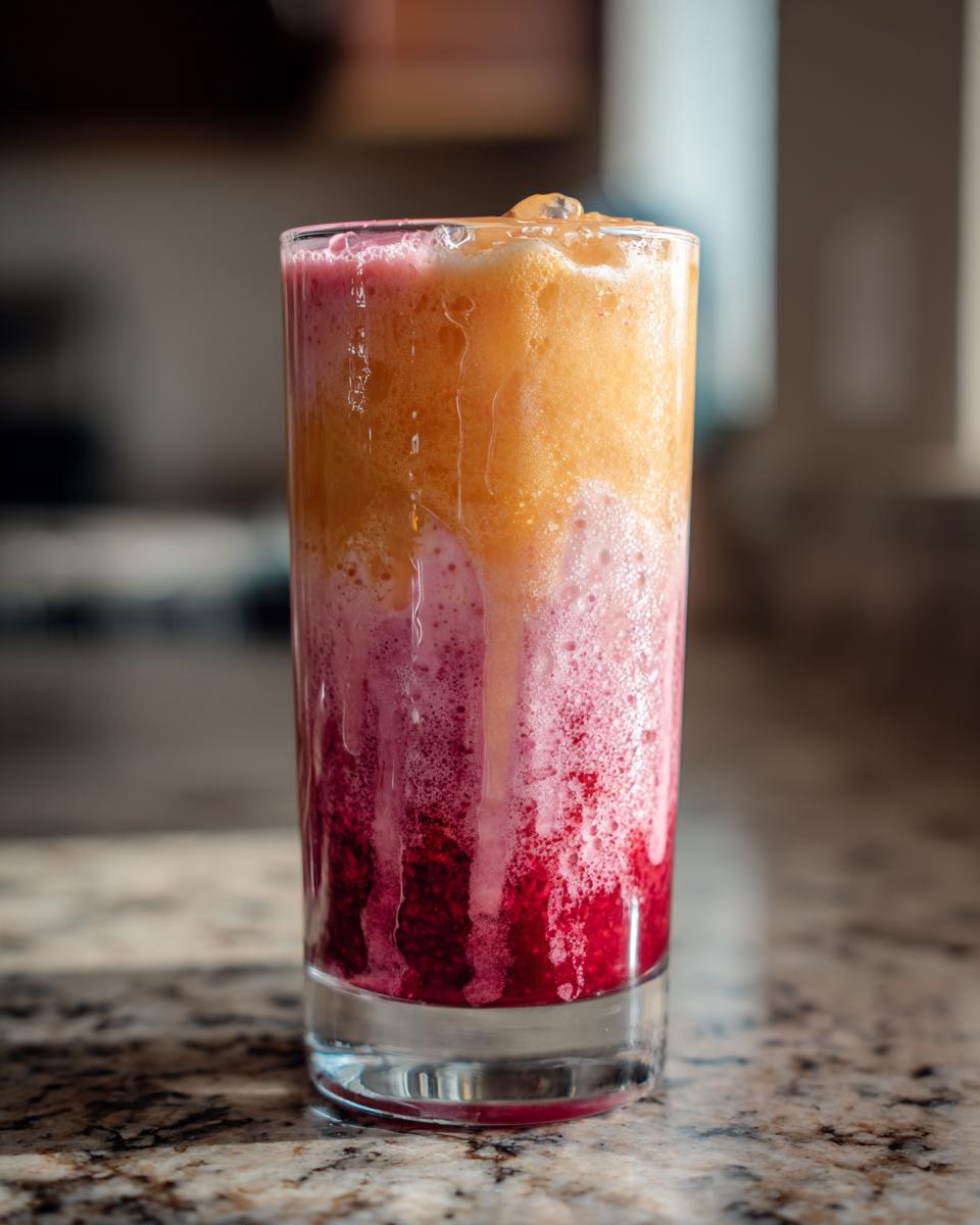 A tall glass filled with a layered drink featuring strawberry puree, strawberry acai, and peach juice, topped with ice.