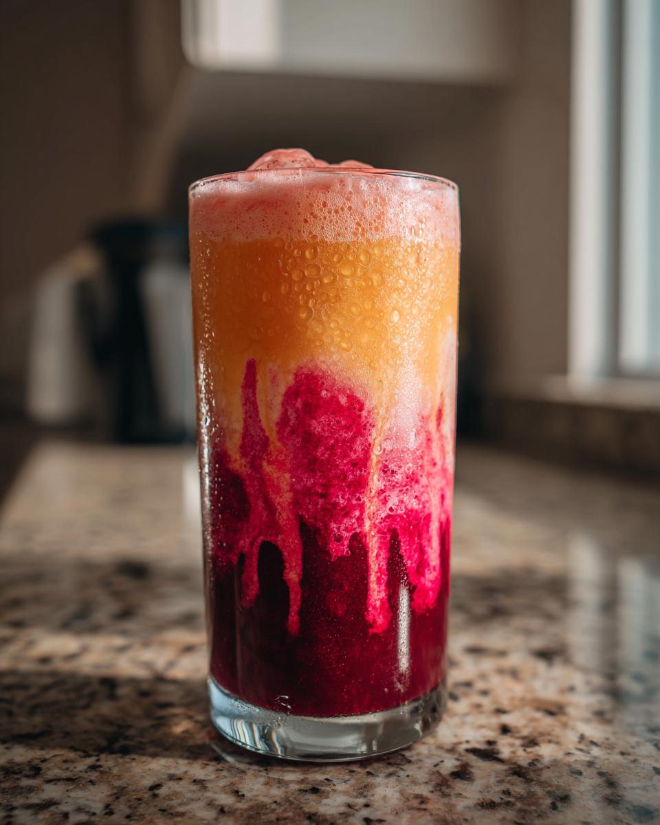 A tall glass filled with a layered strawberry acai and peach juice drink, with pink foam on top.