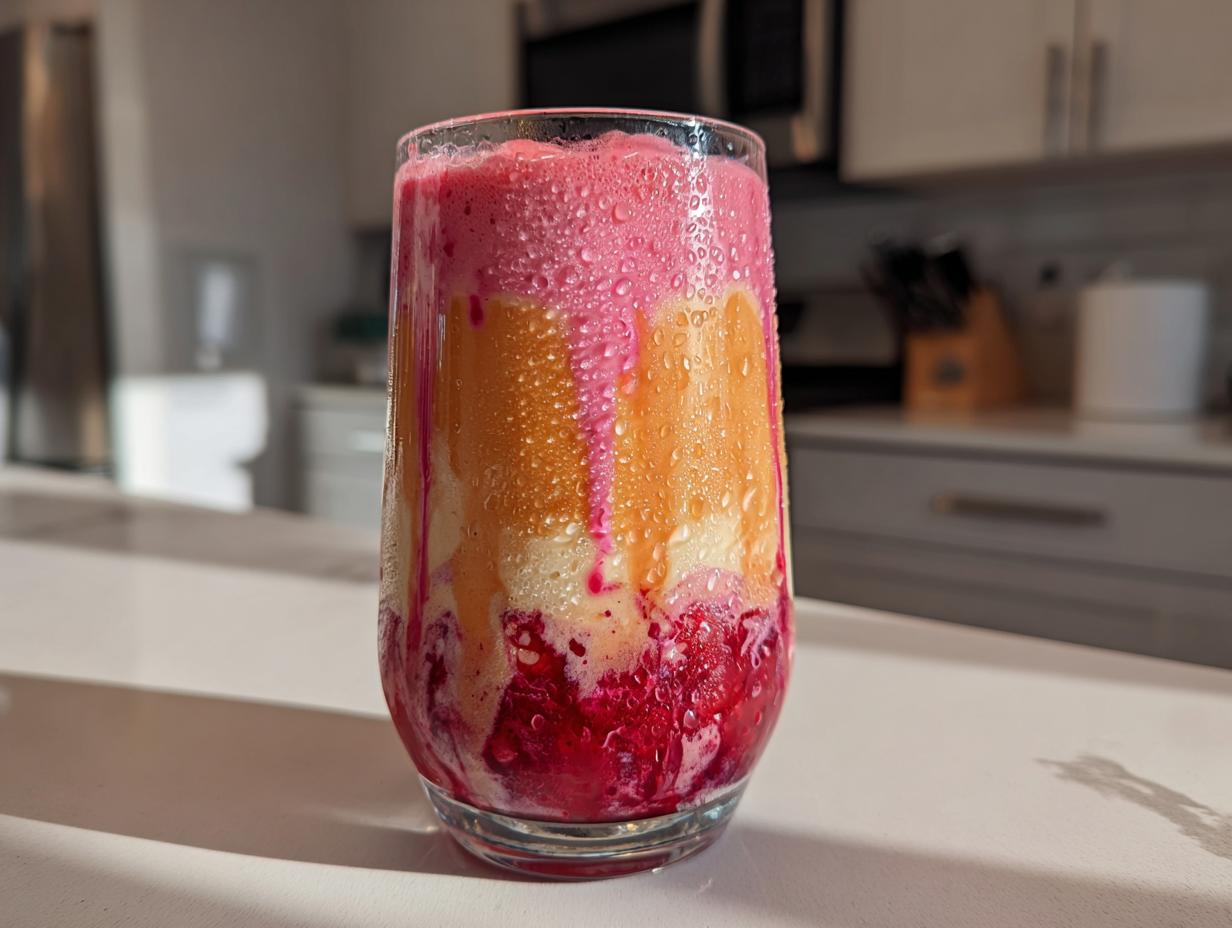 A refreshing layered drink with strawberry acai, peach juice, and strawberry puree, perfect for a quick save.