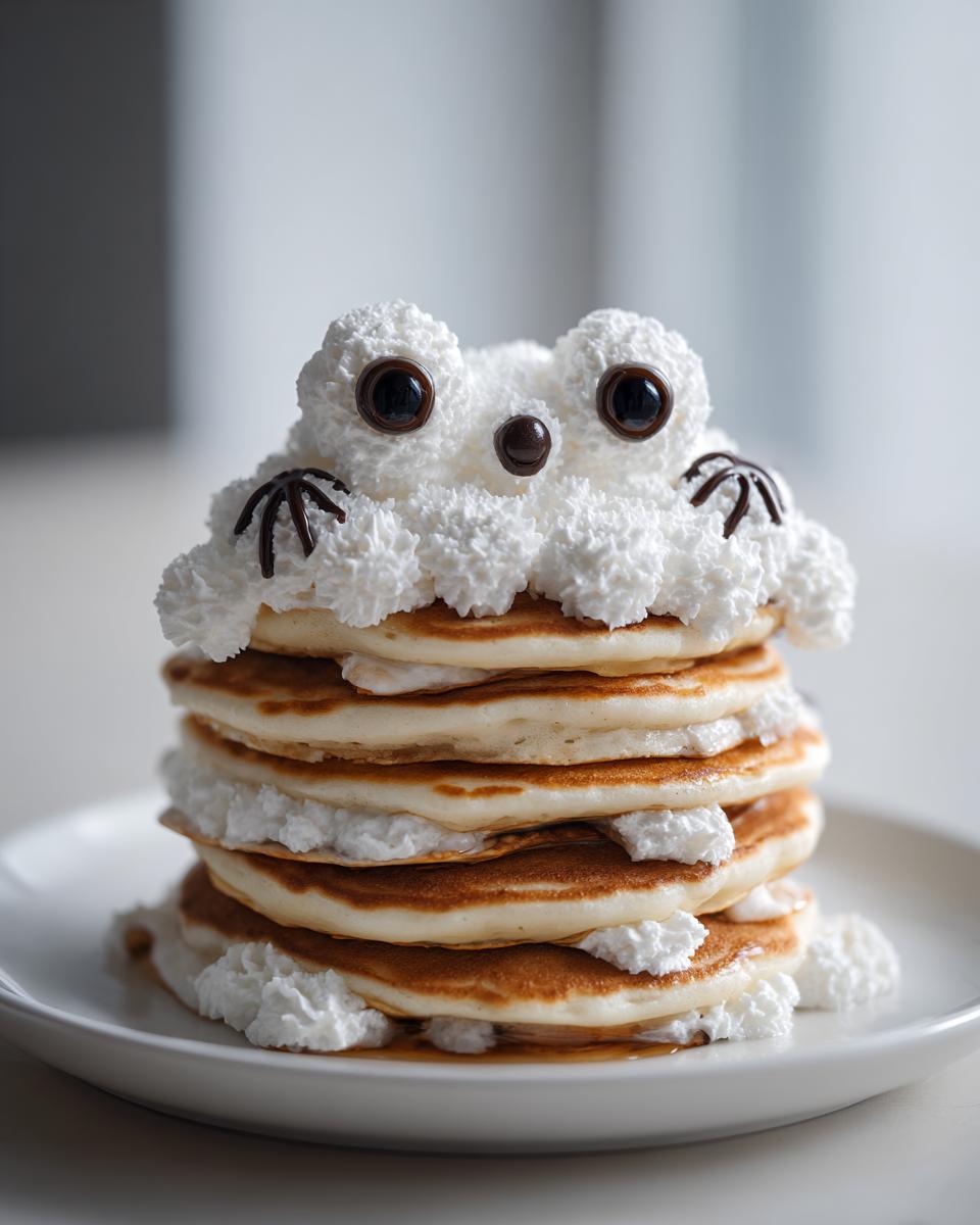 A stack of pancakes decorated to look like a frog, perfect for weeknight Halloween breakfast ideas for kids.