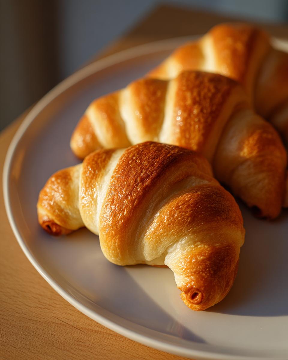 Close-up of three golden-brown croissants arranged on a white plate, with warm lighting.
