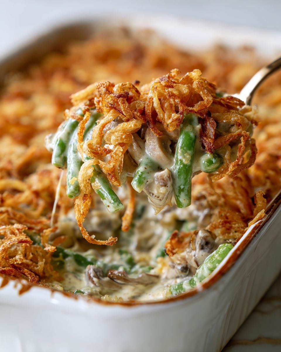 A spoonful of creamy green bean casserole topped with crispy fried onions, a perfect Thanksgiving potluck idea.