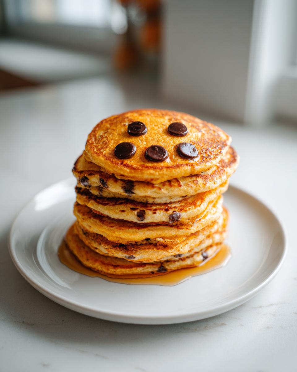 Stack of chocolate chip pancakes decorated with chocolate chips in a spider web pattern, perfect for a Halloween breakfast.