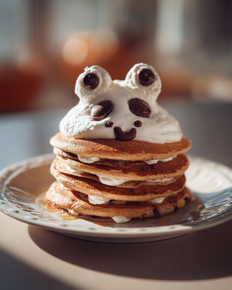 Stack of pancakes decorated to look like a frog face, a fun Halloween breakfast idea for kids.