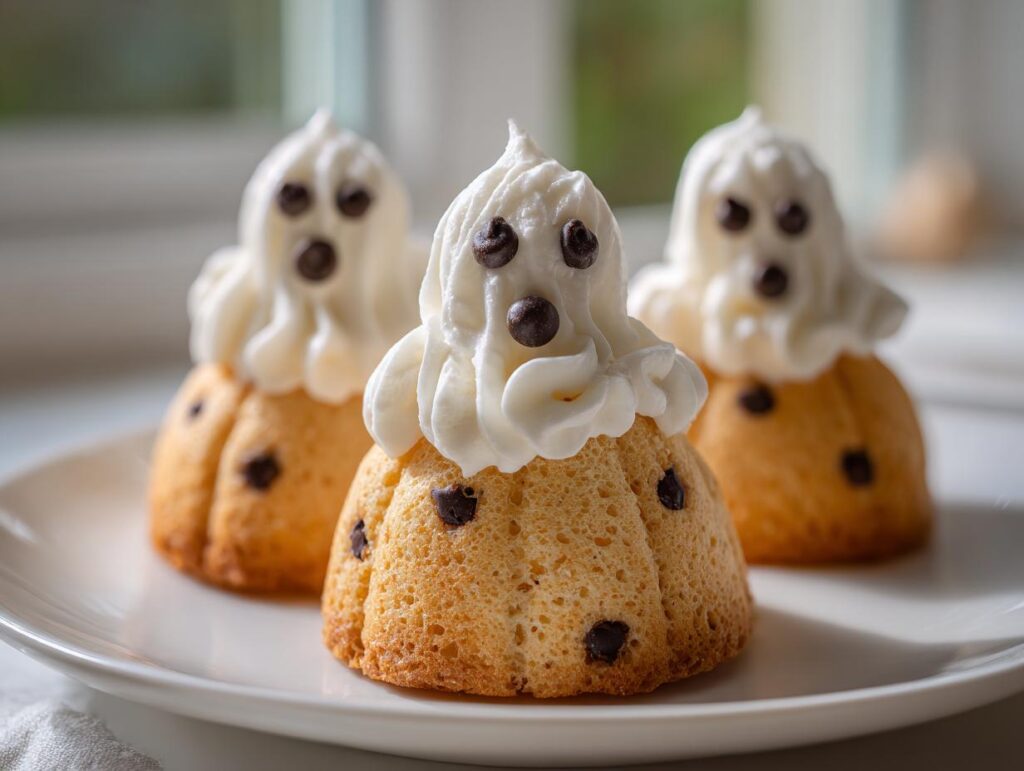 Three adorable ghost-shaped cakes with chocolate chip eyes and mouths, perfect for Halloween breakfast ideas for kids.
