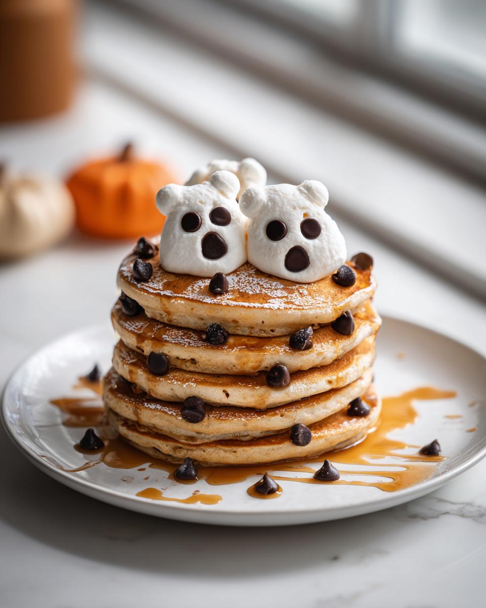 Stack of pancakes topped with two marshmallow ghosts and chocolate chips, a fun Halloween breakfast idea for kids.