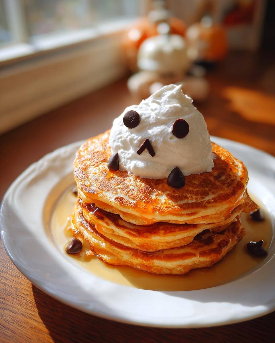 Stack of fluffy pancakes topped with whipped cream, chocolate chip eyes, and a chocolate chip mouth, resembling a ghost. A fun Halloween breakfast idea for kids.