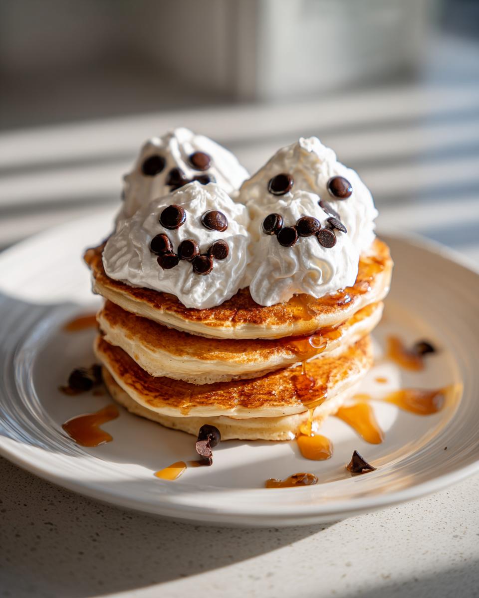 Stack of pancakes decorated with whipped cream and chocolate chips to look like ghosts, a fun Halloween breakfast idea for kids.