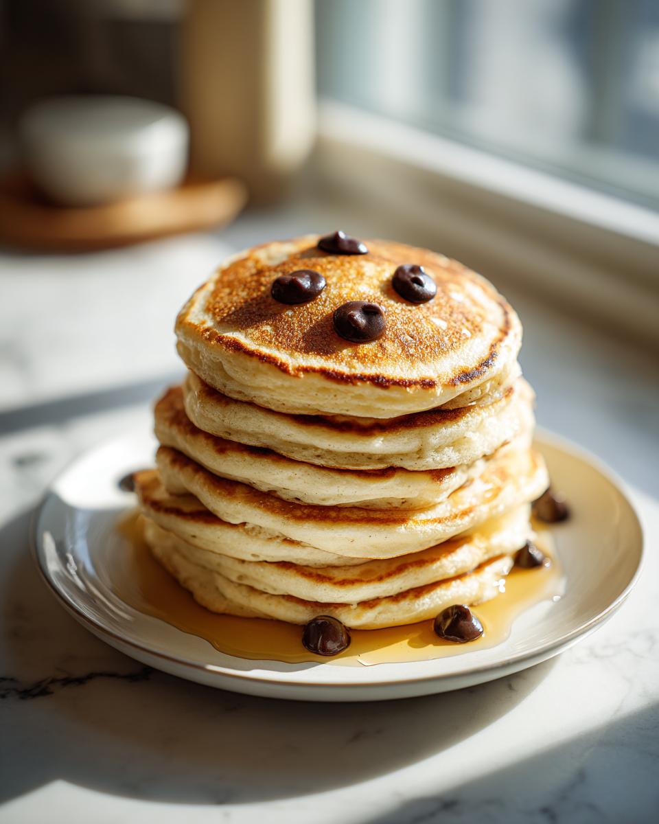 A stack of fluffy pancakes topped with chocolate chips, perfect for Halloween breakfast ideas.