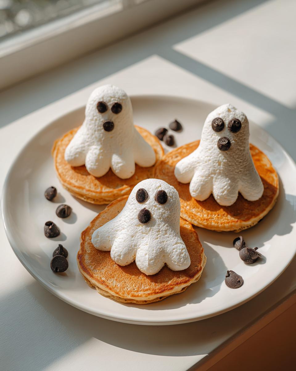 Three ghost-shaped pancakes with chocolate chip eyes and mouths, part of fun Halloween breakfast ideas for kids.